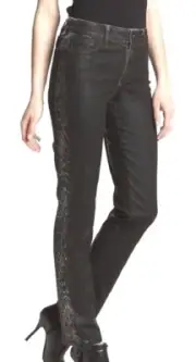 New NYDJ Sheri Skinny Black Coated Leather Side Snakeskin Print Pants Size 4P