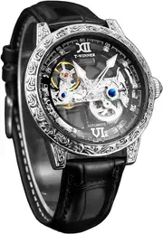 FORSINING Men Vintage Mechanical Self-Wind Watch, Gorgeous Carving Totem Bezel?Luxury Double-Sided Hallow Skeleton Dail with Diamond Scale Automatic Watches, Big Dial Leather Strap Wristwatch