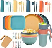 Wheat Straw Dinnerware Sets, 52 Pcs Unbreakable Dinnerware Sets Include Knives Forks Spoons Straws and Chopsticks for Camping Party Kitchen