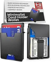 [HMHM] Minimalist wallet, Card Holder wallet for men with gift box, RFID blocking Smart Wallet, Front pocket wallets with money clip & ID window, Genuine leather Pop up wallet (Carbon Fiber), Black,