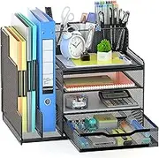 KELIOO Desk Organizer with File Holder, 4-Tier Office Supplies Organisers and Accessories with Sliding Drawers & Pen Holder, Desk File Organizer and Storage for Office, School, Home