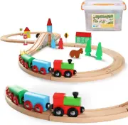 Wooden Train Set for Toddler with Double-Side Train Tracks Fits Brio, Thomas, Me