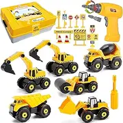 TEUVO Construction Take Apart Toys with Electric Drill, Building Excavator Toy STEM Trucks Vehicle Construction Vehicles for Kids, Educational Learning Gifts for Ages 3+ Boys & Girls