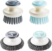 2 Pcs Stainless Steel Scrubber with Handle and 2 Pcs Dish Brush, Steel Wool Scrubber, Pot Scrubbers for Kitchen, Dish Scrubber Brush, 2 Style Dish Scrub Brush. (Gray, Blue)