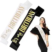 Prasacco 2 Packs It's My Birthday Sash, Happy Birthday Sash for Women Girls Men Boys Soft Satin Birthday Sash Black and White Birthday Sashes Decorations Birthday Party Supplies Gifts
