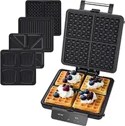 Advwin 4-in-1 Waffle Maker with Removable Plates, Sandwich Maker with LED Display, Touchscreen Timer, Adjustable Temperature, 1500W Breakfast Machine for Waffles, Paninis, Steak, Cake