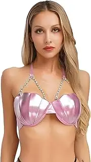 [Rswnyirn] Glitter Bra for Women Pearl Chains Seashell Chest Tops Halter Padded Bras Bikini Top Swimwear