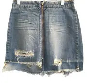 OneTeaspoon Denim Skirt Womens 28 Blue Oxford Distressed Front Zip Raw Hem Nwt