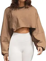[Meladyan] Women Long Sleeve Crewneck Crop Top Tee Shirt Sweatshirt Casual Solid Loose Fit Workout Cropped Pullover Tshirt