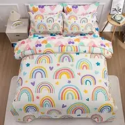 Btargot 5 Piece Beige Rainbow Comforter Set for Girls Boys Kids, Full Size Cartoon Love Hearts Flowers and Sun Star Bedding Set, Bed in a Bag with Comforter, Sheets and Pillowcases