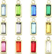 [UR URLIFEHALL] 12 pcs 12 Colors Rectangle Crystal Glass Charms Real 14K Gold Plated Faceted Charms for DIY Bracelet Necklace Jewelry Making Bulk, Glass, No Gemstone