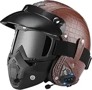 Vintage Open Face Helmet Bluetooth Motorcycle Helmet Jet Helmet with Removable Liner with Face Mask and Removable Brim Fit Adult Men Women Scooter Chopper DOT/ECE Approved