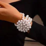 Bohemian Style Pearl Bangle Bracelet Flower Accents Beaded Cuff Women Gift