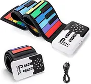 POGOLAB 49 Key Roll Up Keyboard Piano, Portable Digital Electric Foldable Piano Keyboard, Rechargeable, 8 Tones, 6 Educational Demo Songs, for Beginners Gift (Rainbow)