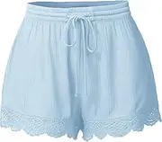[Generic] 2025 Summer Shorts for Women Lace Trim Casual Beach Shorts Elastic Waist Drawstring Loose Short Pants with Pockets