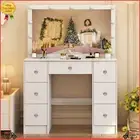 Vanity Desk Dressing Table with 7 Drawers and LED Light Bulbs Vanity Mirror