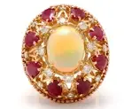 Natural Ethiopian Opal Ruby and Diamonds Cocktail Ring 14K Solid Rose Gold