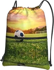 EdWal Soccer Print Drawstring Backpack Gym Bags Sports Bags With Zipper Pocket For Travel Swimming Beach, Black, One Size