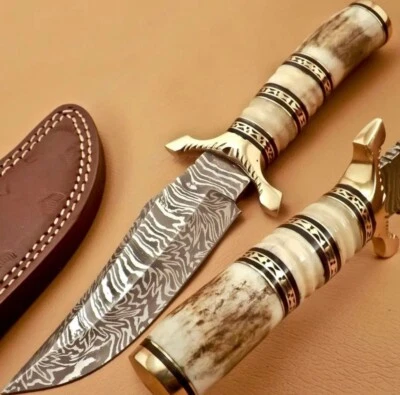 Decorative Bowie Knife with Damascus Steel Blade, Stag Horn and Camel Bone Handl