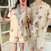 Couple Matching Pajama Set: Short-Sleeve Bear Print Shirt + Shorts Set - Beige & Brown - XL