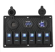 6 Gang Switch Panel with 4.2A Dual USB Ports Digital Voltage Display Cigarette Lighter Socket Waterproof for Car Boats Truck ATV(Blue)
