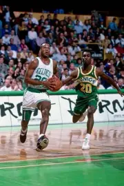 Sherman Douglas Boston Celtics drives v Gary Payton Seattle Supers- Old Photo