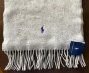 New NWT Polo Ralph Lauren Lambs Wool Light Gray Heather Scarf Blue Pony Logo