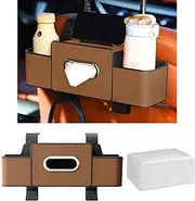 toresper Car Back Seat Organizer with Cup Holder, Car Seat Back Tissue Box and Storage Hook, Multifunctional Car Organizer for Hold Phone,Snacks, Drinks, Handbag, Compatible with Most Vehicles (Brown)