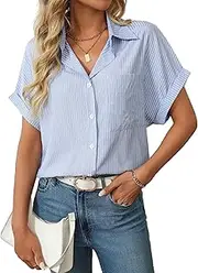 [Unilexi] Womens Striped Button Down Shirts Short Sleeve Business Casual Tops for Women(S-XXL), Lightblue, Small