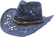 [Generic] Cowboy Hats for Women Classic Straw Cowgirl Beach Hat Music Festival Party Adult Sun Straw Western Cowboy Hats, A-navy, One Size, A-navy, One Size