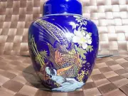 DARK BLUE WITH PHEASANTS & FLOWERS GINGER JAR ~ URN WITH LID, GREAT CONDITION!!!