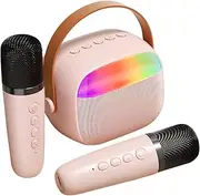 EXQUIMEUBLE 1 Set Portable Mini Karaoke Speaker with Dual Wireless Microphones and LED Lights Compact Karaoke Equipment for Family Parties and Home Entertainment