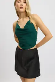 Black Slip Skirt Elastic Waist Picot Trim Mini Satin - Size 12M, Women's Mini Skirt
