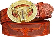 [RGWYGCG] Men's Leather Belt with Floral Embossing, Automatic Buckle Cowhide Waist Width 3.5Cm, Casual Business Dress Belts, Western Cowboy Belts for Men