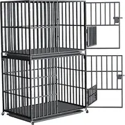 BingoPaw Heavy Duty Dog Crate: 42 inch Extra Stackable Large Pet Cage on Wheels with Tear Resistant Square Tube - Metal Military Puppy Cages with Prevent Escape Lock and Tray XL (107x78cm)(2 Tiers)
