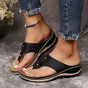 [HHZYT] Womens Wedge Flip Flops Sandals with Arch Support Summer Comfortable Platform Bohemia Slippers Flat Shoes Casual Thong Sandal Beach Shoes,Black,US11/EU42