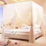 Akiky Princess Canopy Bed Curtains 4 Corners Post Mosquito Net - Cozy Drape Netting 4 Opening Bed Canopy Curtain for Girls Bed Boys Adults (Queen,Beige)