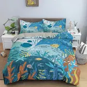 v90 Bed Sheets Cartoon Underwater World Sea Animal Bedding Set,Duvet Cover Bed Set Quilt Cover Pillowcase,King Queen Twin Size Boys Girls Adult 3-Piec