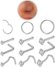 [Briana Williams] 12Pcs 18G 20G Surgical Stainless Steel Nose Rings Hoops Nose Piercings Jewelry L Shape Nose Rings Corkscrew Nose Rings Studs 1.5/2/3mm CZ Sets for Women Men Gold Silver