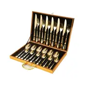 Gold Cutlery Set Kitchen Stainless Steel Fork Knife Spoon Flatware Cutlery Gift For Party Restaurant Dishwasher Safe 24pcs with Carry Box