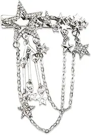 Rhinestone Star Hair Clip with Tassel Chain Y2K Bling Hair Accessories for Girls Silver Hair Barrettes Clips with Dangle Charms Sparkly Decorative Headpieces for Women Side Clips