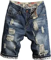 [Betusline] Mens Jean Shorts Distressed Ripped Denim Shorts Summer Casual Classic Straight Short Jeans, 1# B Dark Blue, 40