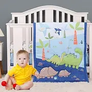 Brandream 3 Pieces Crib Bedding Set for Baby Boys or Girls Blue Tribe Dinosaur with Palm Green Orange Boho Ocean Coastal Style