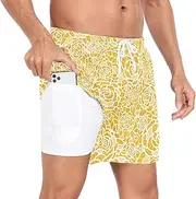[GuoChe] Men Swim Shorts Men's 2 in 1 Workout Shorts Valentine's Day Golden Lace Roses with Compression Liner Volleyball, Valentine's Day Golden Lace Roses, Medium