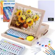 Wooden Tabletop Art Easel for Painting, 54 Pieces Starter Acrylic Paint Set w...