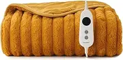 Dreamaker Chunky Embossed Plush Fleece Electric Heated Throw Blanket 160x130cm Warm Flannel Reversible Rug Energy Efficient Overheat Protection 9 Heat Settings Extra Long Cord Controller- Mustard Gold