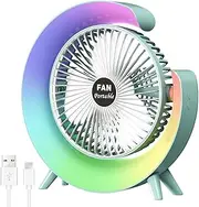 Tinsol Portable Cooling Fan with Color Mood Light 3 Speed Adjustable Low Noise Desk Fan 1800mAh USB Rechargeable Desk Fan for Dormitory, Home Office（Green）