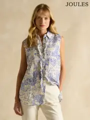 Joules Selene Blue/White Toile de Jouy 100% Linen Sleeveless Shirt (E82433) | $136