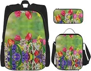 [StOlmx] 3 Pcs Set Backpack,Waterproof Bookbag, Insulated Lunch Bag & Pencil Case Pouch, Travel,Hiking,Romantic Purple Lavender Print, Spring Flowers, One Size