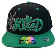 Weed Leaf Green Leaf Flat Bill Snap Back Ball Cap Black & Green Embroidered